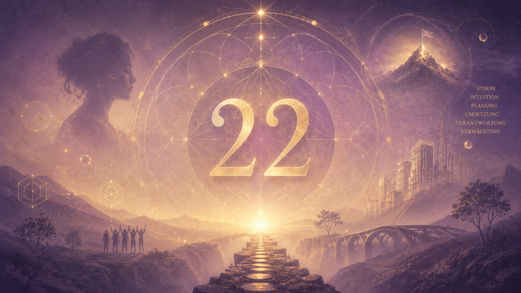Symbolische Darstellung der Meisterzahl 22 mit geometrischen Formen und einem Weg zum Ziel