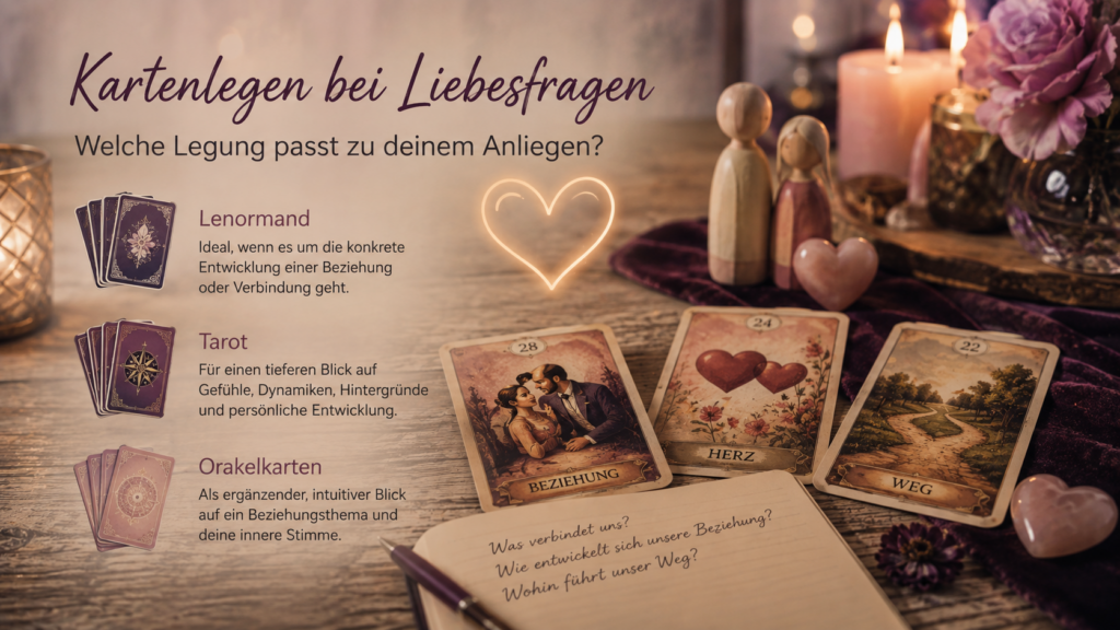 Symbolische Darstellung einer Kartenlegung bei Liebesfragen mit Herz und verschiedenen Kartensystemen