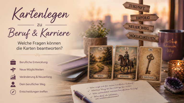 Symbolische Darstellung einer Kartenlegung zu Beruf und Karriere mit verschiedenen beruflichen Wegen